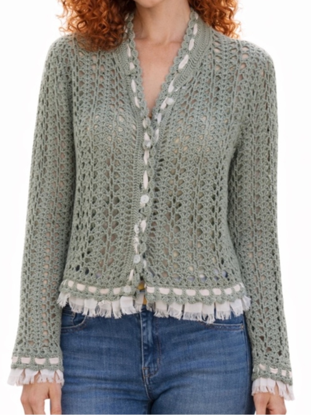 Romantic Sage Crochet Cardigan Open Knit Boho Festival Layering Sweater